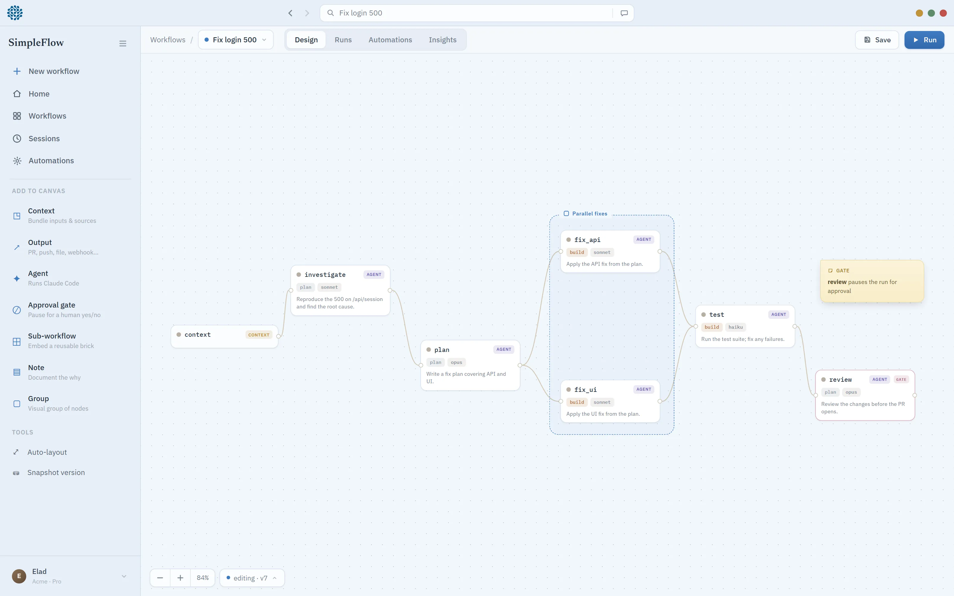 Celial design canvas — the fix-login-500 workflow