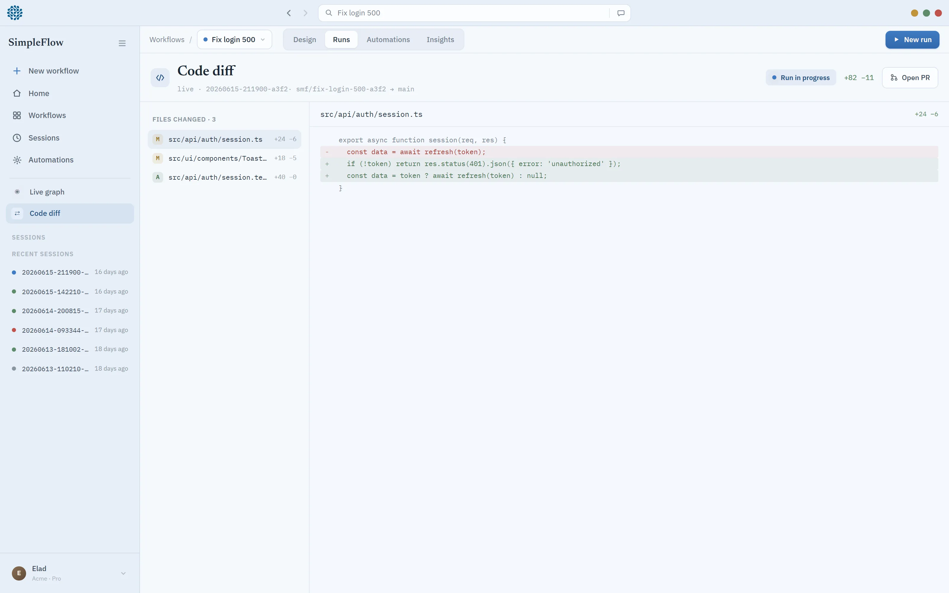Celial run diff — the pull request produced by a run