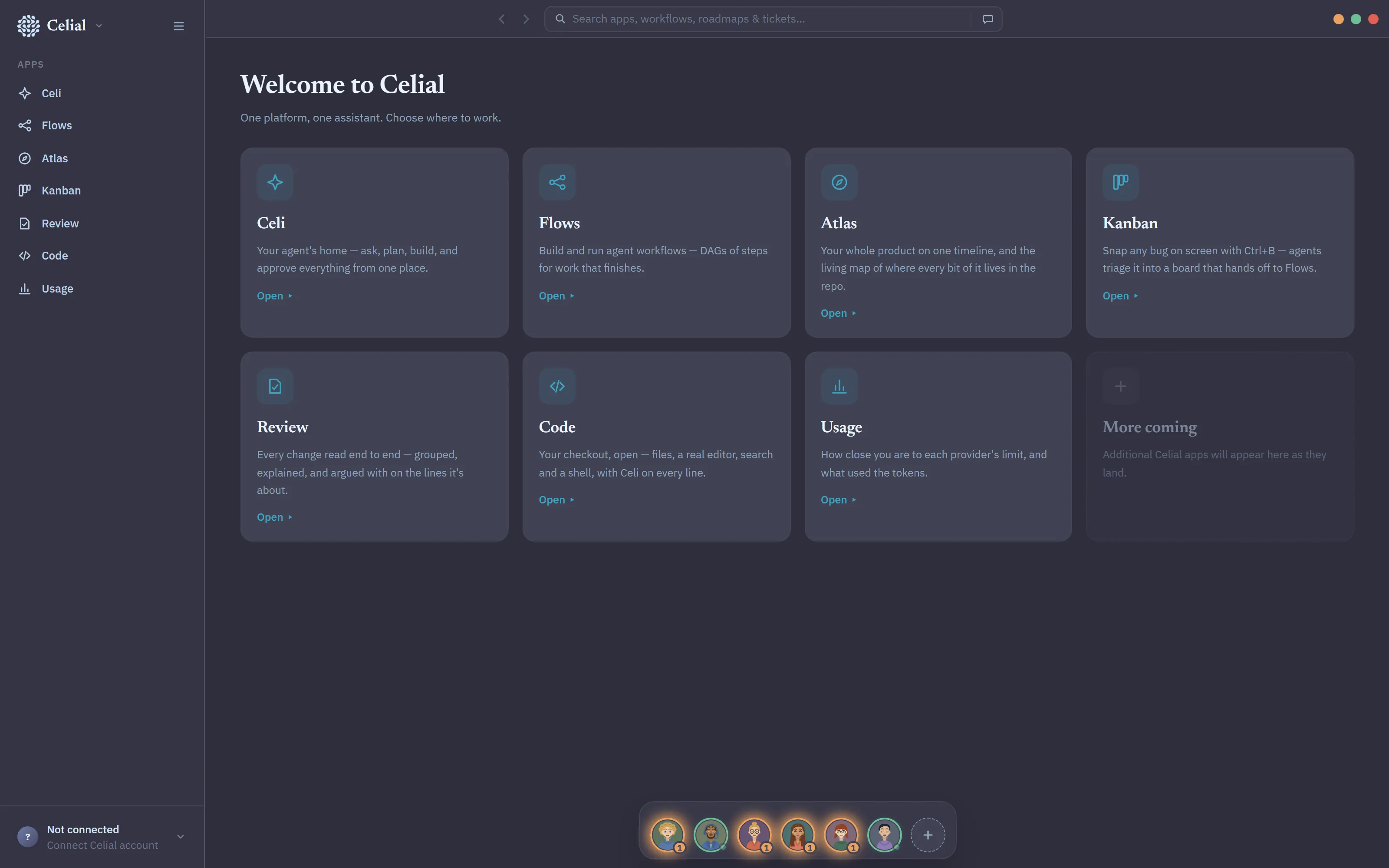The Celial hub — a card for each Celial app, with Celi's agents in the dock below.