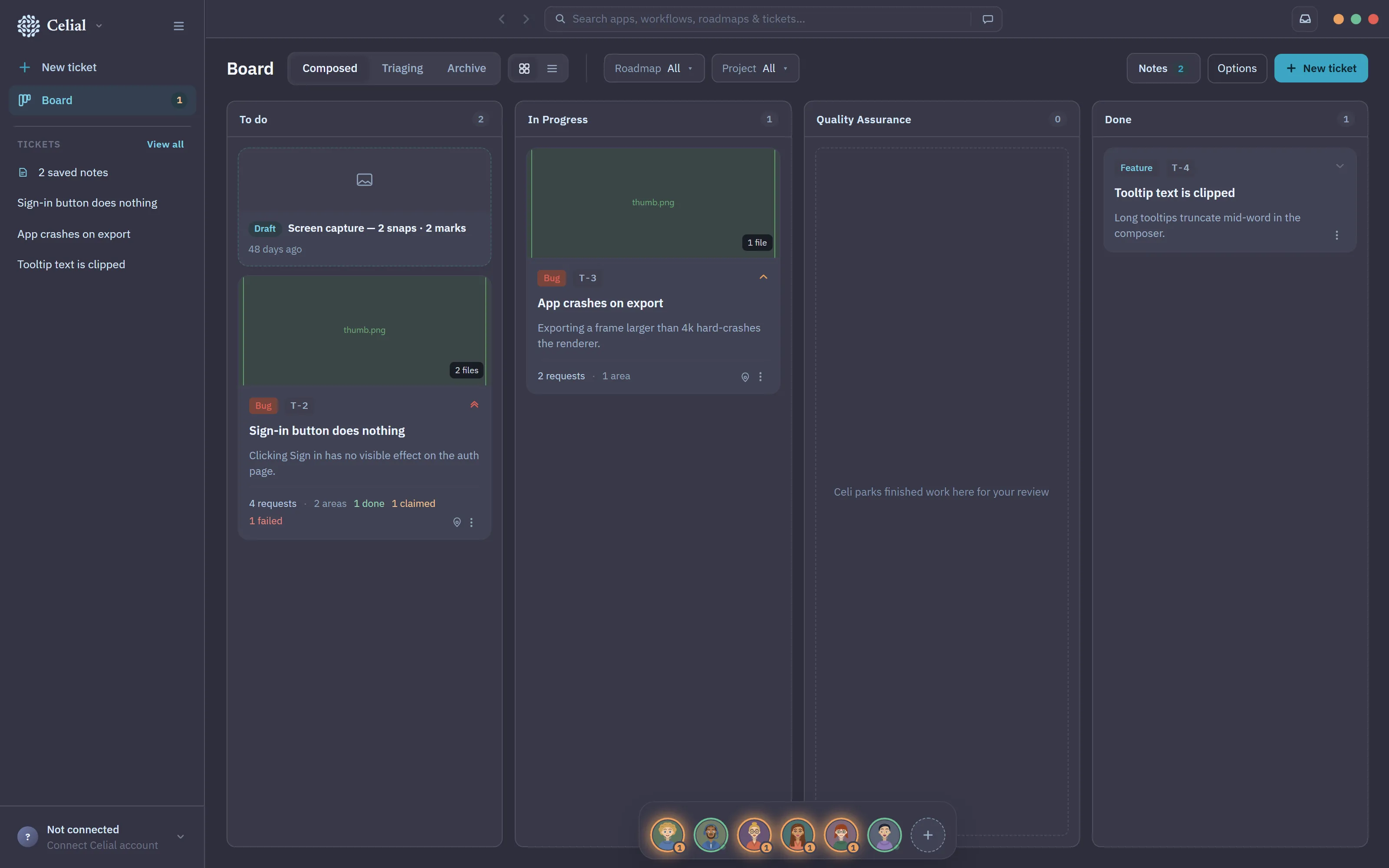 The Kanban board — To do and In Progress columns, each ticket still carrying the screen snap it was made from