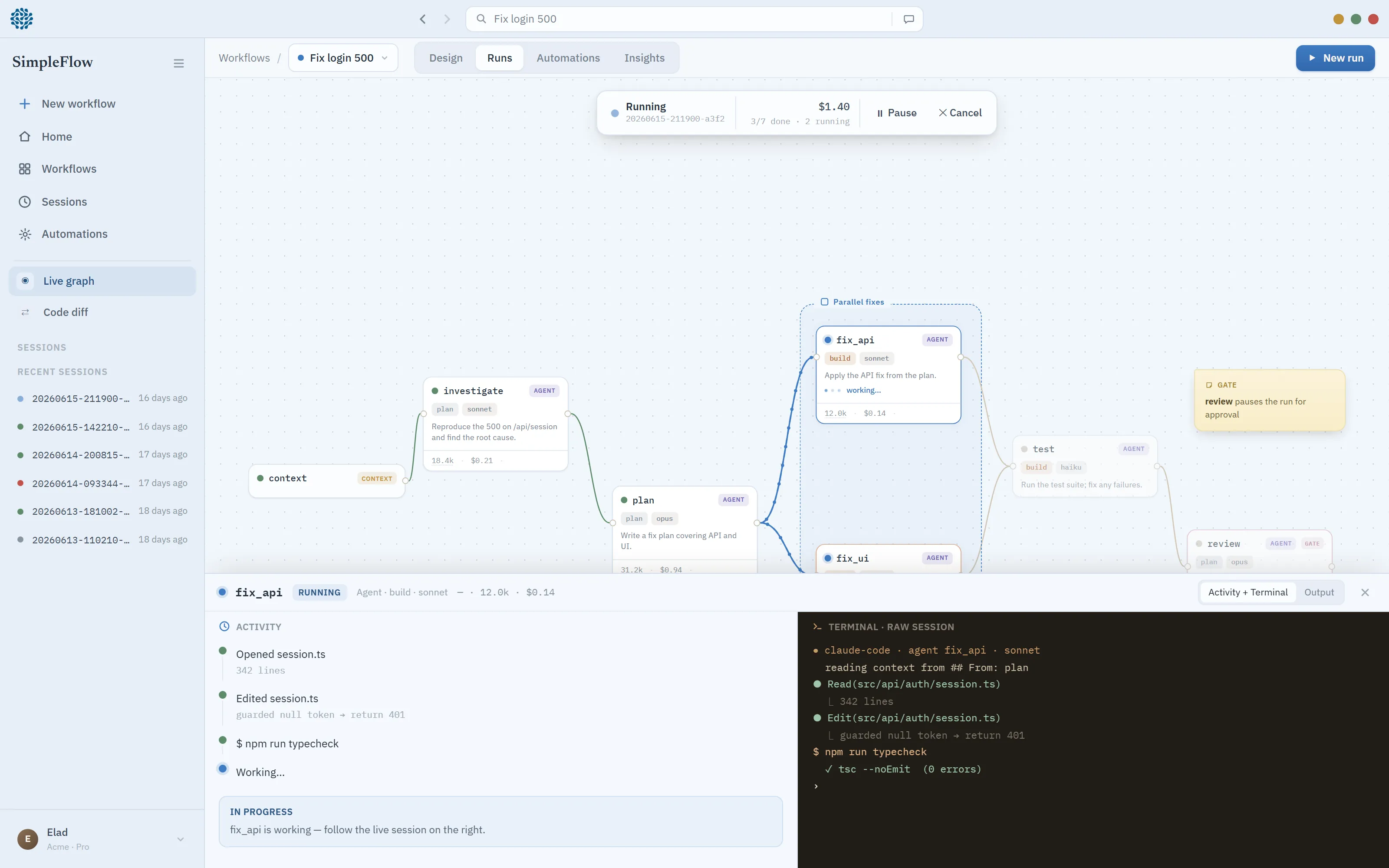 Celial terminal — a live Claude Code session attached to a node